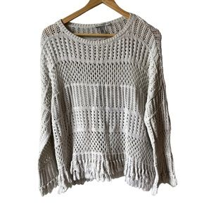 Cotton by Autumn Cashmere Cream Open Knit Sweater with Fringe, Size: Small